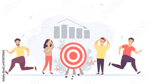 Vector. Business concept - crisis, failure, collapse of relationships and teamwork. A man and a woman near the target with falling arrows. People run away. Against the background of graphs and columns photo