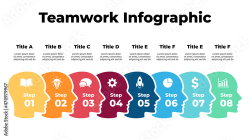 8 human heads infographic. Group of people. Teamwork business concept. Social distance. Vector slide template. Creative illustration. 