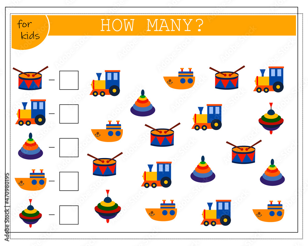 Children's math game, count how many of them. children's toys, a ship, a steam locomotive, a bundle, a drum. vector Children's math game, count how many of them. children's toys, a ship, a steam locomotive, a bundle, a drum. vector