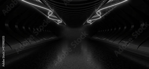Fototapeta Naklejka Na Ścianę i Meble -  A dark tunnel lit by white neon lights. Reflections on the floor and walls. 3d rendering image.