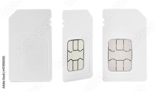 Set with SIM cards on white background