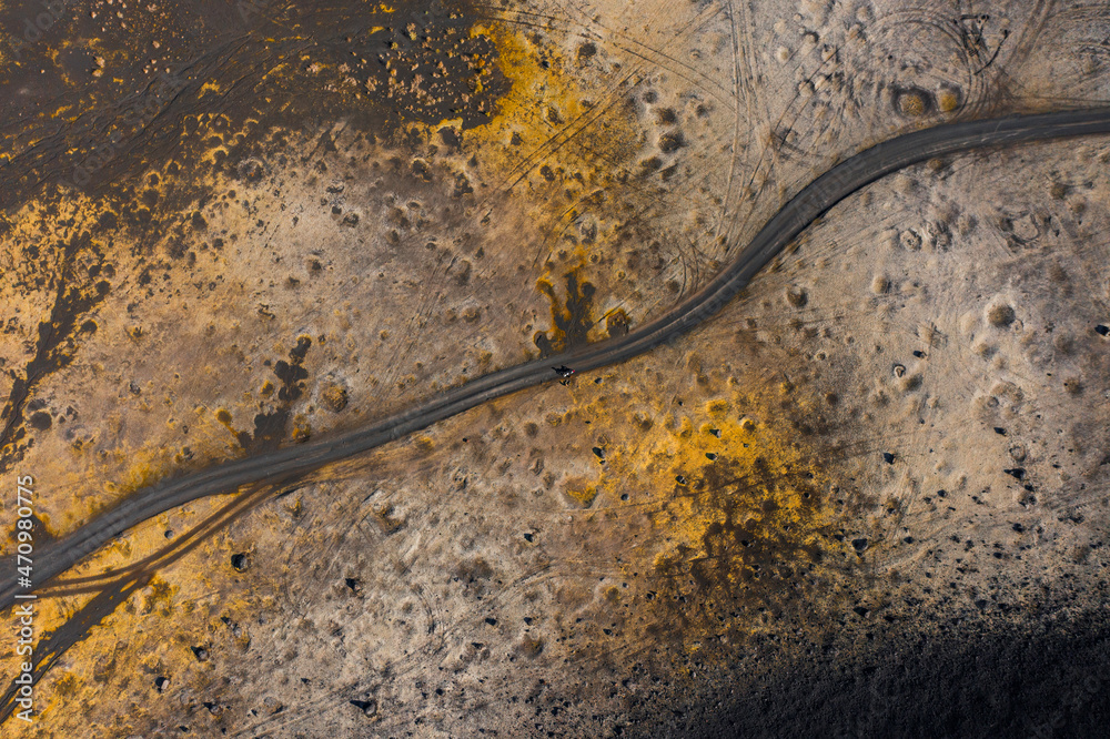 Road across big yellow moss field in area of the Kamchatka volcano  Tolbachik, drone view