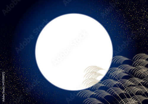 ススキと満月.　日本の秋の風景ベクターイラスト背景