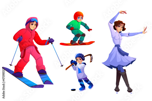 People with ski, snowboard, skates, hockey stick and puck. Vector cartoon set of characters with winter sport equipment for riding on snow and ice. Man skier, boy snowboarder and woman skater