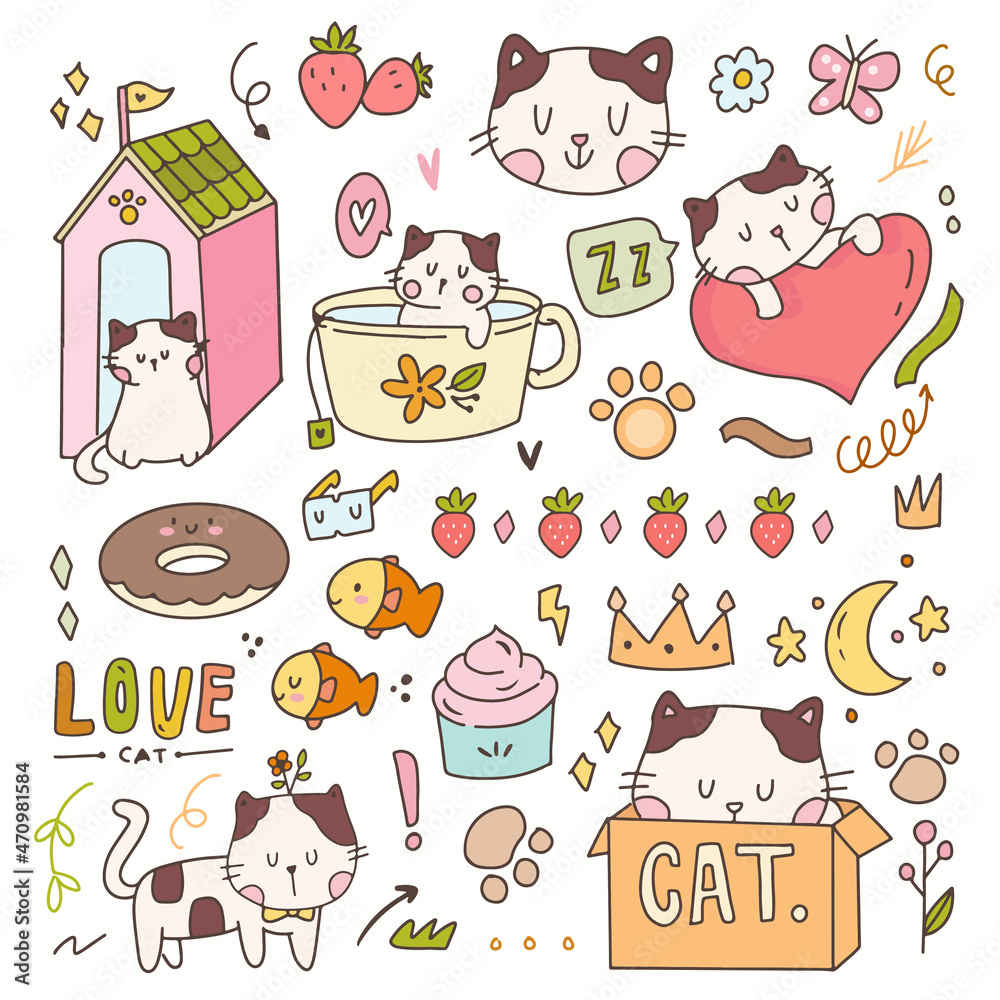 Cute Cats Collection, Vector Icons, Hand Drawn Illustrations