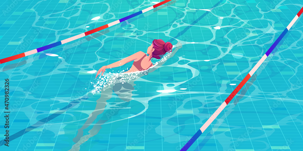 Young woman exercising in pool swimming along lane or path for dip top view with blue ripped water and ceramics floor. Athlete girl fitness and sport training, relaxing, Cartoon vector illustration