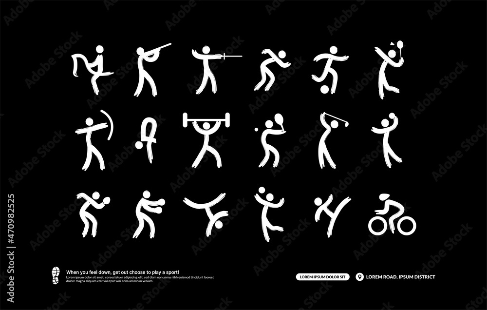 Sport icons set, Sport club logotype concept. Run, Football, Badminton, Tennis, Golf, Cycling, Volleyball, Basketball, Taekwondo, Boxing, Table tennis, Fencing, Archery, Equestrian, Shooting