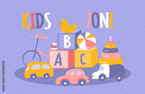 vector hand drawn cute illustration - childrens toys, kids zone. Toy cars, pyramid, cubes, machine, , balls. Trendy illustration in flat style