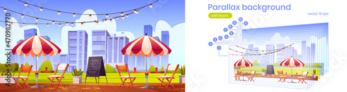 Parallax background summer cafe at outdoor terrace. City coffeehouse with wooden tables, chairs and umbrella. Street cafeteria on cityscape view, separated layers 2d game animation Vector illustration
