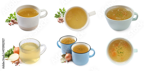 Set with hot delicious bouillon in cups on white background. Banner design