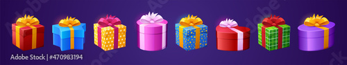 Gift boxes 3d presents in colorful wrapping paper and bows. Heart, oval, star, round shapes. Bonus, award, birthday, Christmas, Valentine, New Year celebration isolated game graphic Cartoon vector set