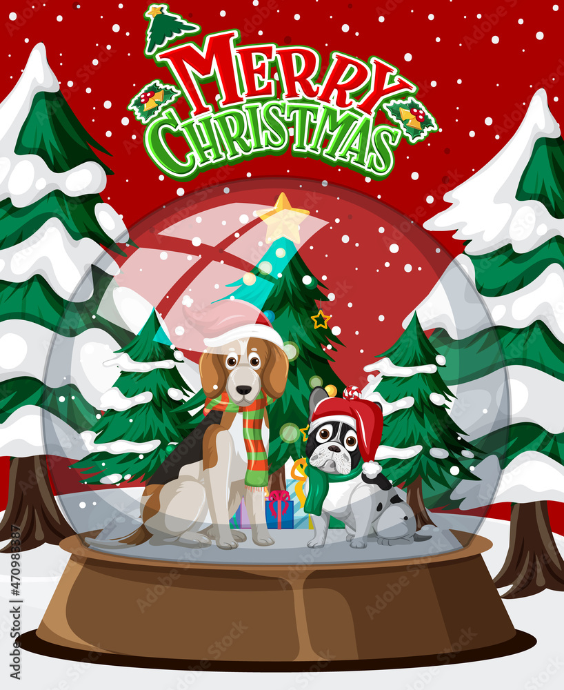 Fototapeta premium Merry Christmas poster with dogs in glass dome winter