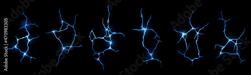 Ground cracks with frozen water top view, magic lightnings, cracking holes, winter pond surface iced texture. Destruction, damage fissure effect isolated on black background. Realistic 3d vector set