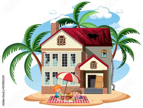 Girls picnic in front of an old broken house