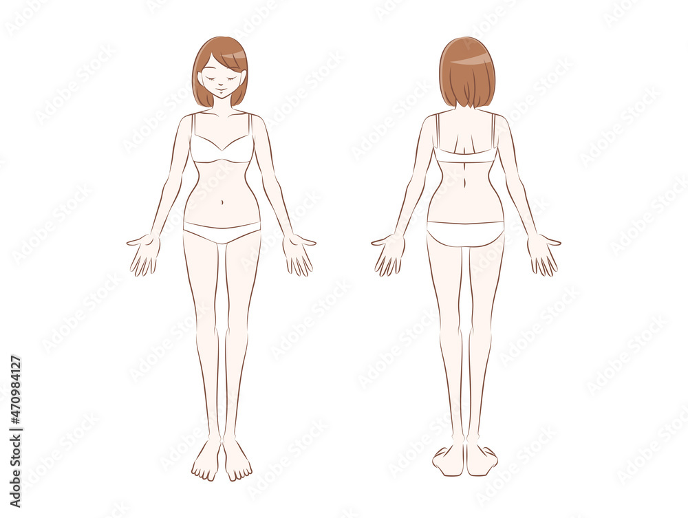 下着の女性の全身のイラスト　正面と後ろ向き