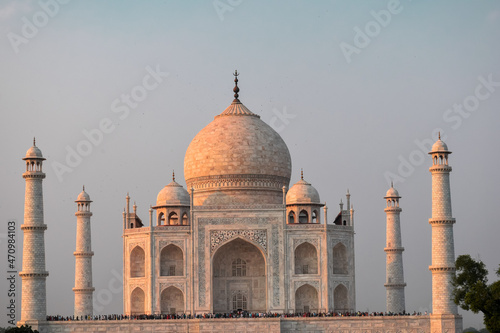 Taj Mahal, Agra, India, 7 world wonders. The magnificent view of Taj Mahal during sunset in the early evening.