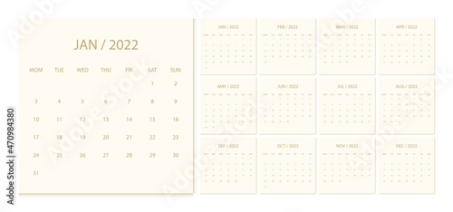 Calendar 2022 week start Monday corporate design template vector.