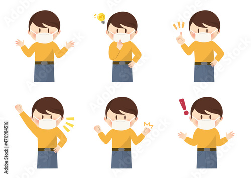 Boys with various gestures, with masks,さまざまな仕草の男子,マスクあり