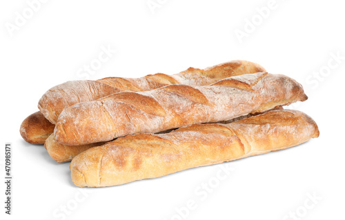 Crispy French baguettes on white background. Fresh bread