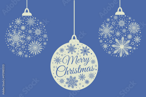 Merry Christmas greeting card with Christmas ball baubles silhouette with snowflakes and snow on blue background. Cute winter holiday design element for invitation, banner