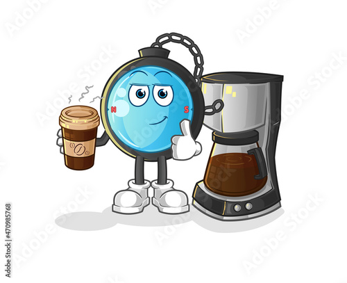 compass drinking coffee illustration. character vector