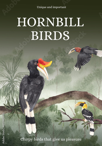 Poster template with hornbill bird concept,watercolor style