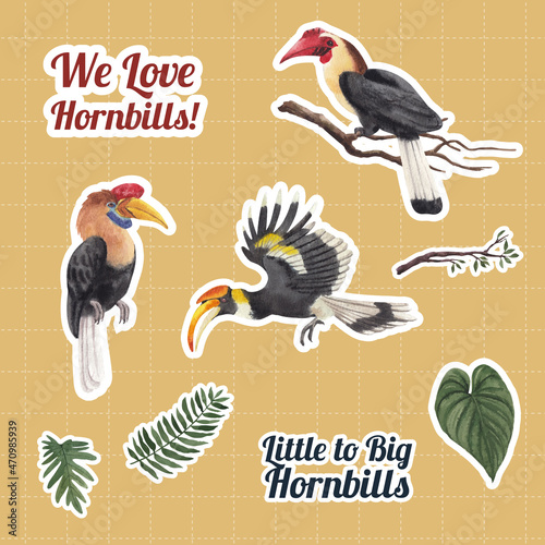Sticker template with hornbill bird concept,watercolor style