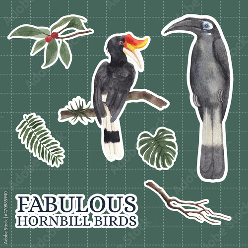 Sticker template with hornbill bird concept,watercolor style