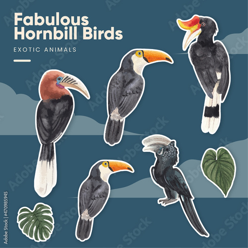 Sticker template with hornbill bird concept,watercolor style