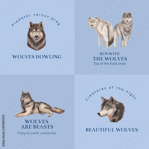 Logo template with wolf in winter concept,watercolor style .