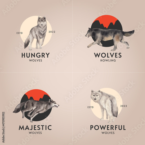 Logo template with wolf in winter concept,watercolor style .