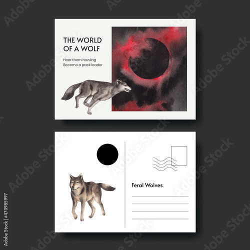 Postcard template with wolf in winter concept,watercolor style
