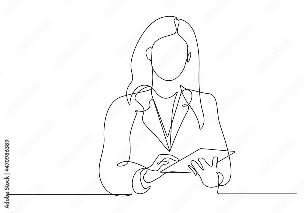 Woman with Tablet Continuous Line Art Drawing. Abstract Female Figure One Line Drawing for Wall Art, Fashion Prints, Posters. Art Sketch, Trendy Single Line Art, Poster. Vector EPS 10 Woman with Tablet Continuous Line Art Drawing. Abstract Female Figure One Line Drawing for Wall Art, Fashion Prints, Posters. Art Sketch, Trendy Single Line Art, Poster. Vector EPS 10