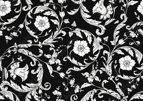 Seamless pattern, background. Colored vector illustration. In baroque, rococo, victorian, renaissance medieval style. In decorative style. Ethnic patterned ornate hand drawn.