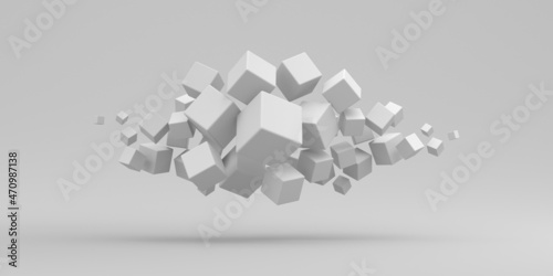 Abstraction background. Many flying cubes on a white background. 3d render illustration.