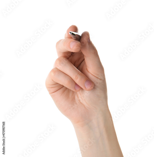 Woman holding pen on white background, closeup