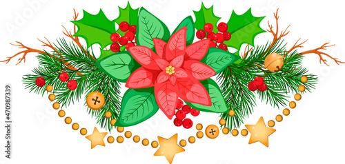 Fototapeta Naklejka Na Ścianę i Meble -  Christmas composition with poinsettia, fir branches, with holly, branches, berries and golden garland. Vector Clip Art