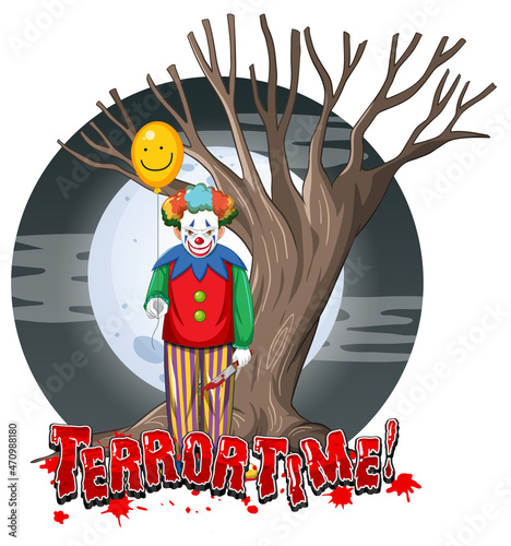 Scary clown holding balloon on full moon background