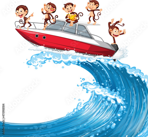Little monkeys on speed boat on ocean wave