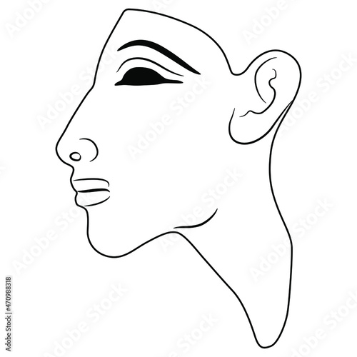 Head in profile of ancient Egyptian pharaoh Akhenaten. Amarna relief. Black and white linear silhouette.