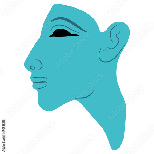 Head in profile of ancient Egyptian pharaoh Akhenaten. Amarna relief. Monochrome blue silhouette.