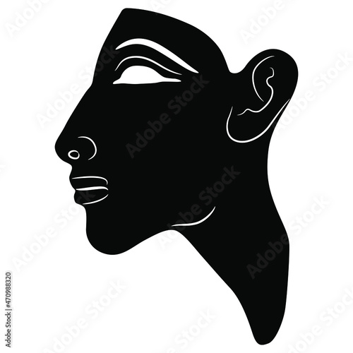 Head in profile of ancient Egyptian pharaoh Akhenaten. Amarna relief. Black and white negative silhouette.