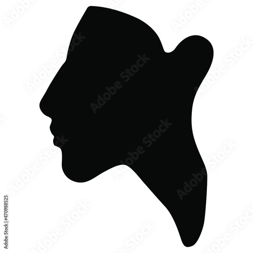 Head in profile of ancient Egyptian pharaoh Akhenaten or Queen Nefertiti. Amarna style. Black silhouette on white background.