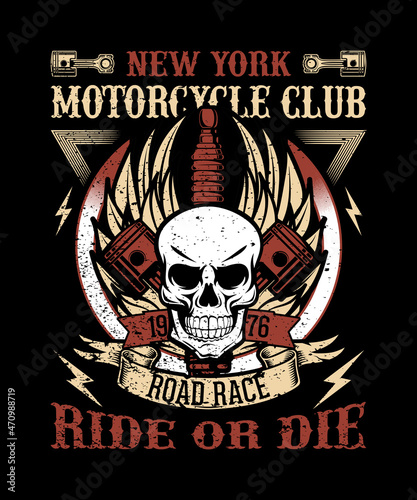 Vintage motorcycle club t-shirt vector design and illustration, tee, graphic art, logo art, skull and pistone with wings, poster, banner design for quotes: New York motorcycle clue 1976 road race, rid