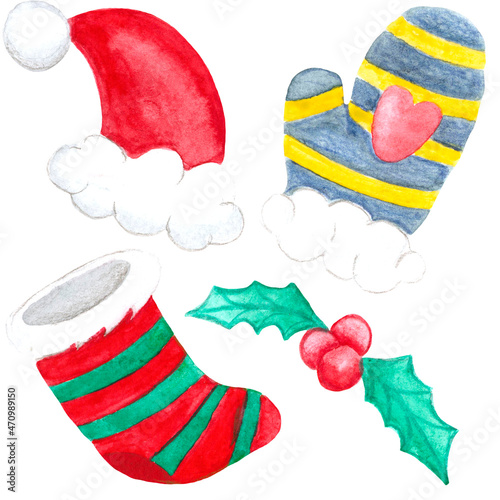 mitten, sock and santa claus hat, holly, set of cute watercolor pictures, freehand drawing for new year and christmas, white background