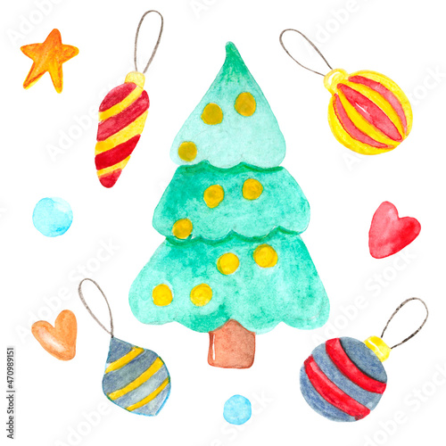 green Christmas tree and Christmas tree decorations - balls and icicles, set of cute watercolor pictures, freehand drawing for new year and christmas, a white background