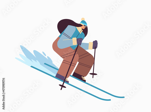 skier woman sportswoman skiing doing activities winter vacation concept full length horizontal vector illustration