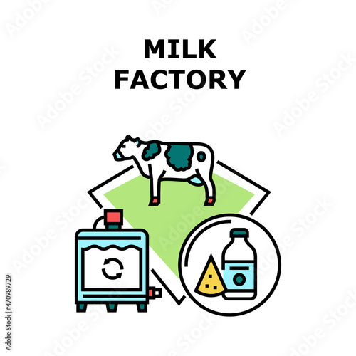 Milk Factory Vector Icon Concept. Milk Factory Raising Cow Farm Animal And Producing Cheese And Yogurt Dairy Product. Vitamin Natural Milky Food And Drink Manufacturing Color Illustration