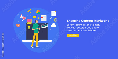 Audience browsing online engaging content, digital strategy, blogging and social media, inbound content marketing , communication technology concept. Web banner template for project and presentation.