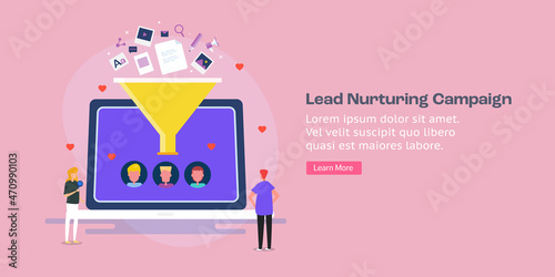 Lead nurturing campaign, b2b business strategy, marketing funnel, new lead generation with content marketing, company people concept, flat design web banner template.